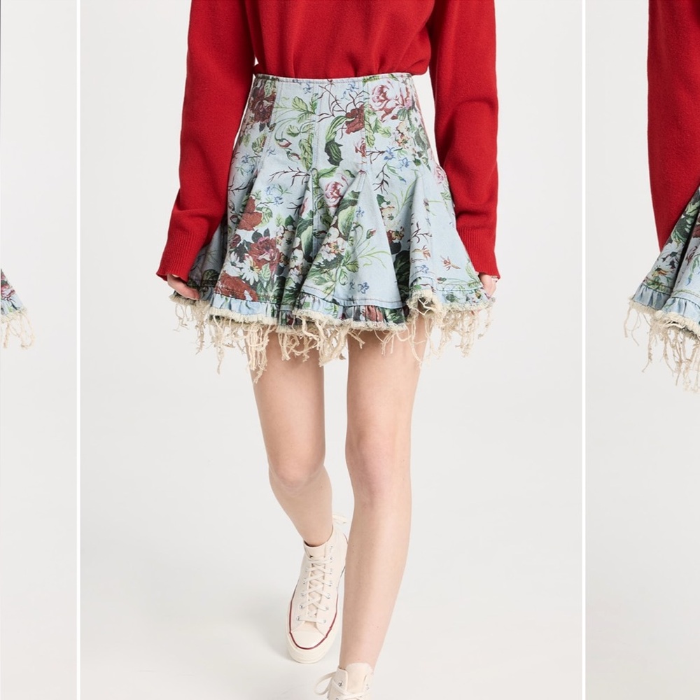 MOLLY GODDARD Floral Printed Denim Flared Mini Skirt
